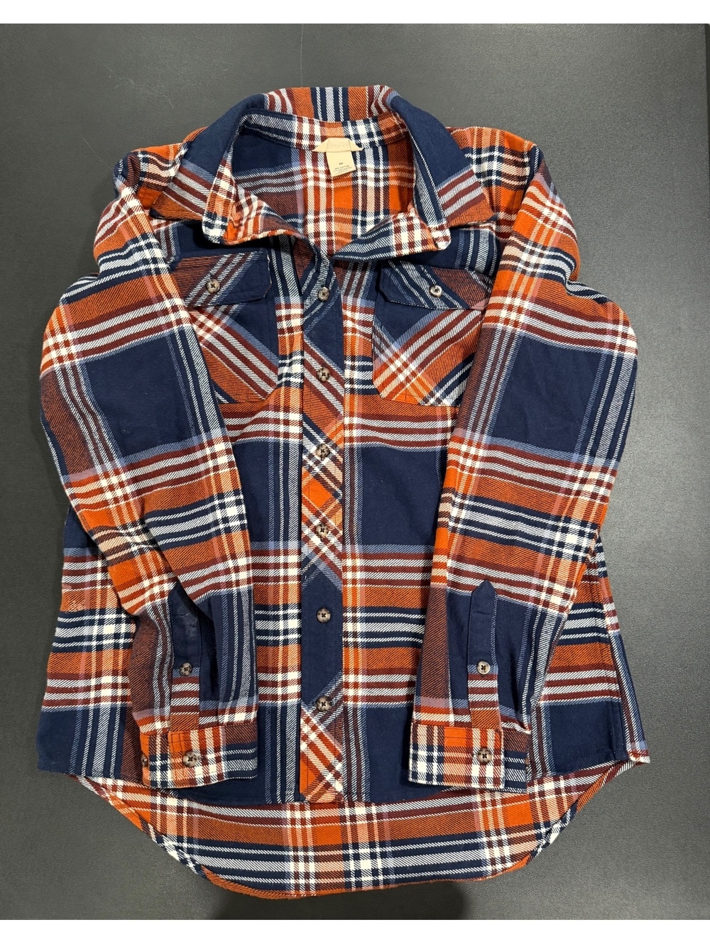 Duluth Trading Co. Men's Medium Blue Rust Orange White Plaid Flannel Shirt
